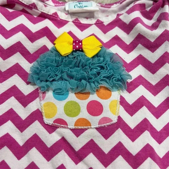 Girls' Pink Chevron Romper 18 Months Cupcake Motif Ruffle Birthday Outfit - Picture 3 of 6